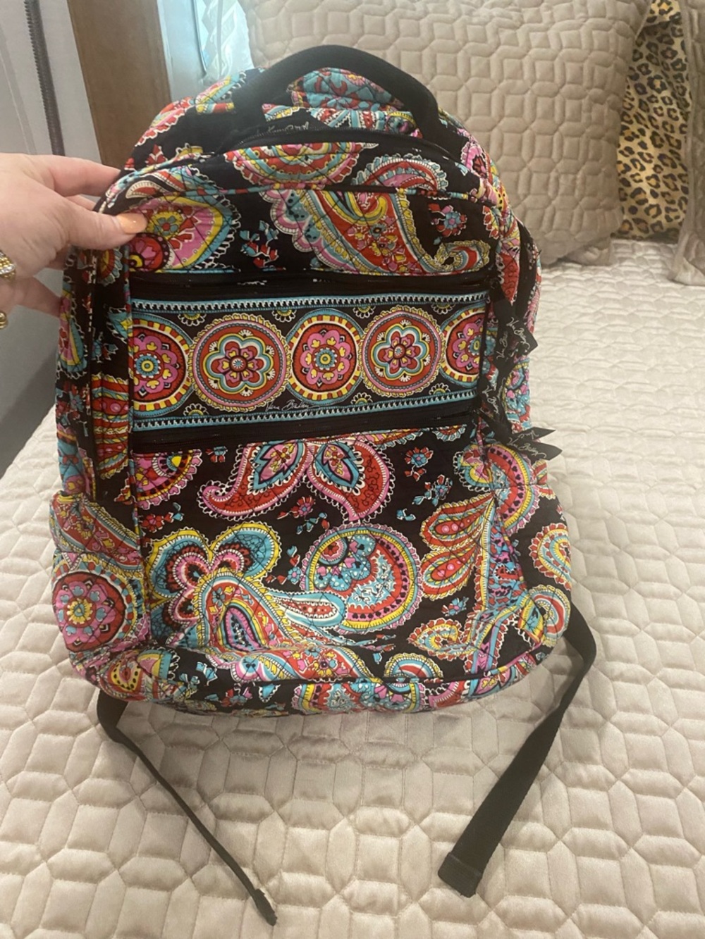 Vera Bradley Black Quilted Paisley Backpack with Multicolor Floral Band